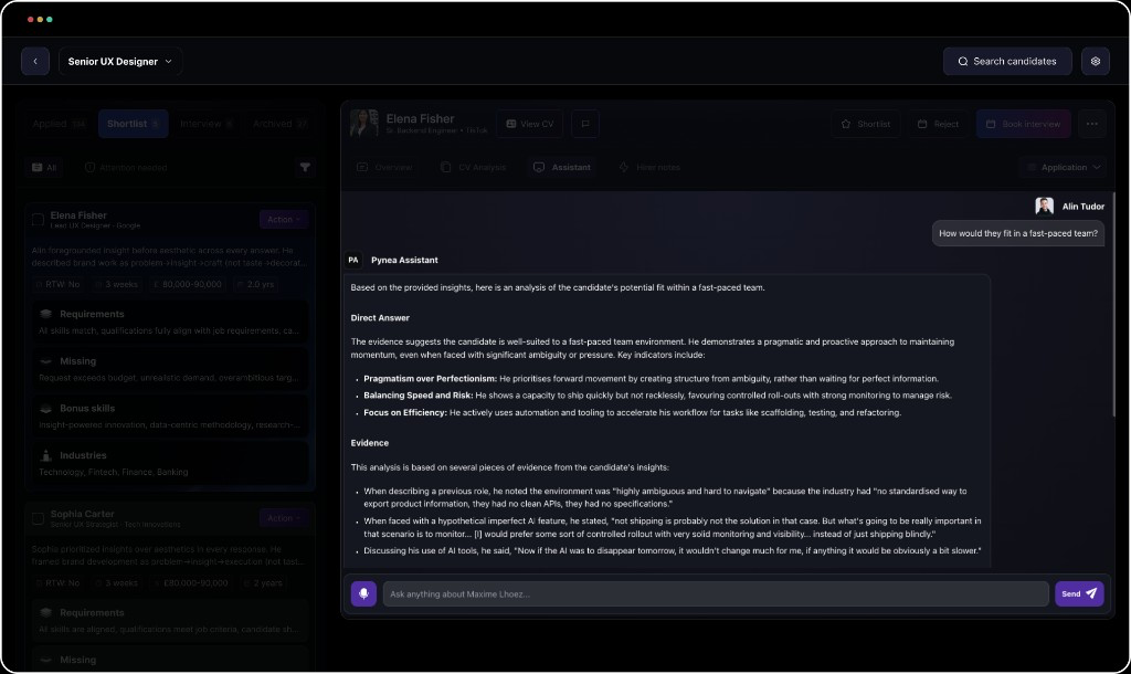 Pynea Assistant — candidate insights and hiring questions in context